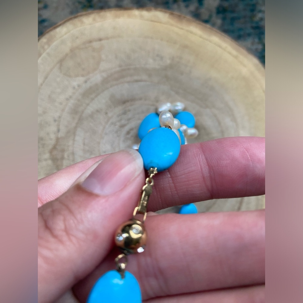 Vintage 90s turquoise beaded pearl drop necklace - Picture 4 of 5